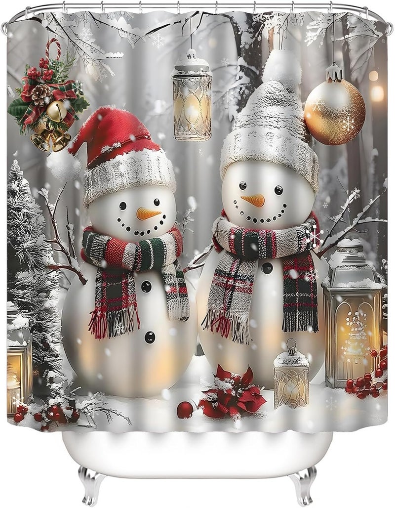 Chrainy Christmas Snowmen Shower Curtain Sets 4Pcs White Winter Snowflake Bathroom Set Holiday Decor with Non-Slip Rugs Bath U-Shaped Mat Toilet Lid Cover with 12 Hooks - Image 3